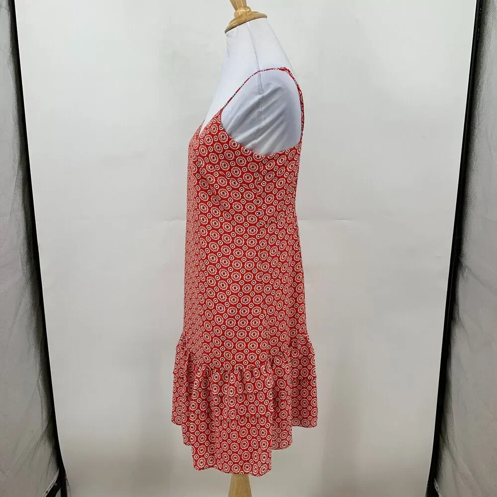 J Crew Ruffle Hem Dress Womens 0 Red Printed Spaghetti Drop Waist Knee Length